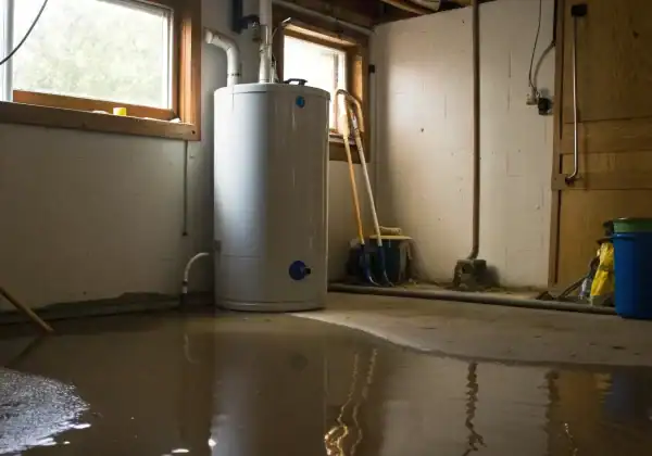 A water heater leaking water onto a basement floor.