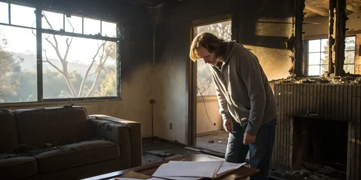 Man in a fire-damaged home reviewing paperwork for a denied fire claim.