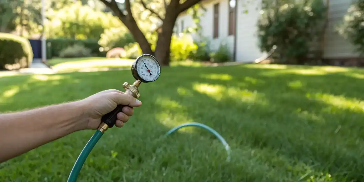 A water pressure gauge connected to a hose to test a home's water pressure.