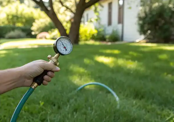A water pressure gauge connected to a hose to test a home's water pressure.