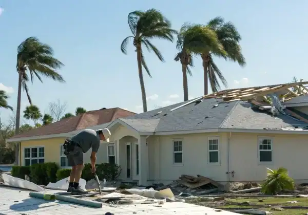 Man on a damaged roof getting help with a hurricane damage claim.