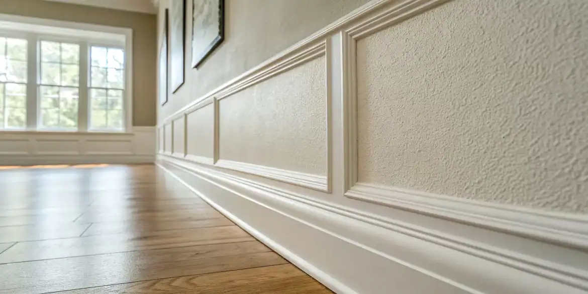 Close-up of a smooth drywall repair, freshly sanded and ready for primer.