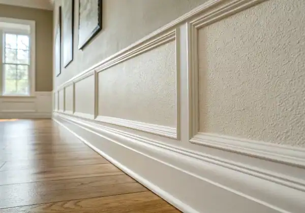 Close-up of a smooth drywall repair, freshly sanded and ready for primer.