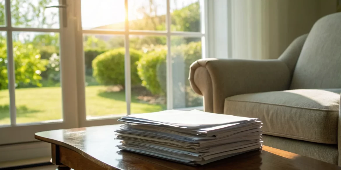 Organizing paperwork for a home water damage insurance claim.