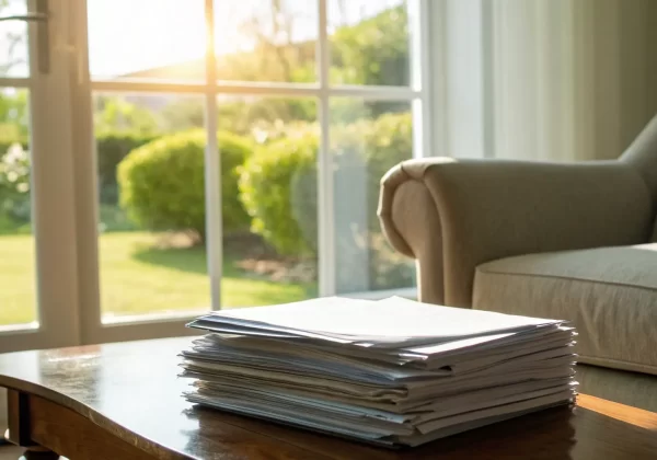 Organizing paperwork for a home water damage insurance claim.