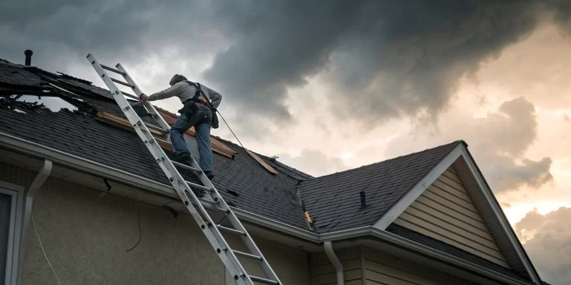 Emergency roofer on a ladder repairing a storm-damaged roof.