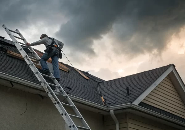 Emergency roofer on a ladder repairing a storm-damaged roof.