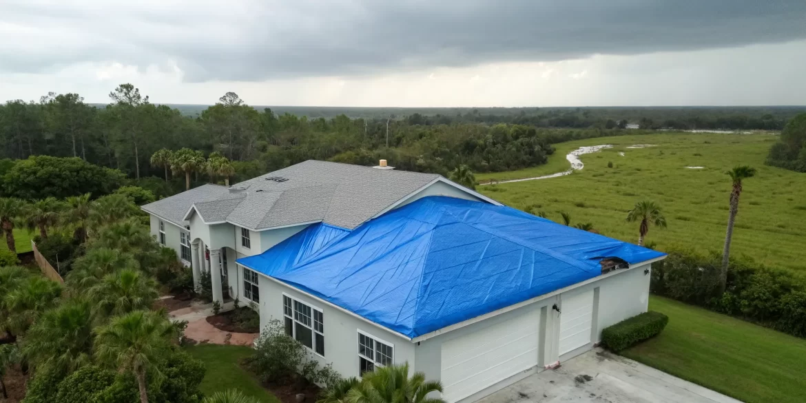 Emergency roof tarping protecting a home from further damage after a storm.