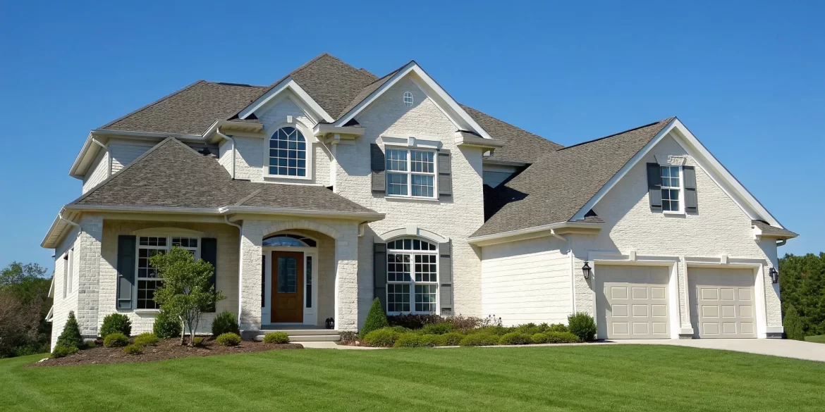 A modern home with fire-resistant materials and defensible space for home hardening.