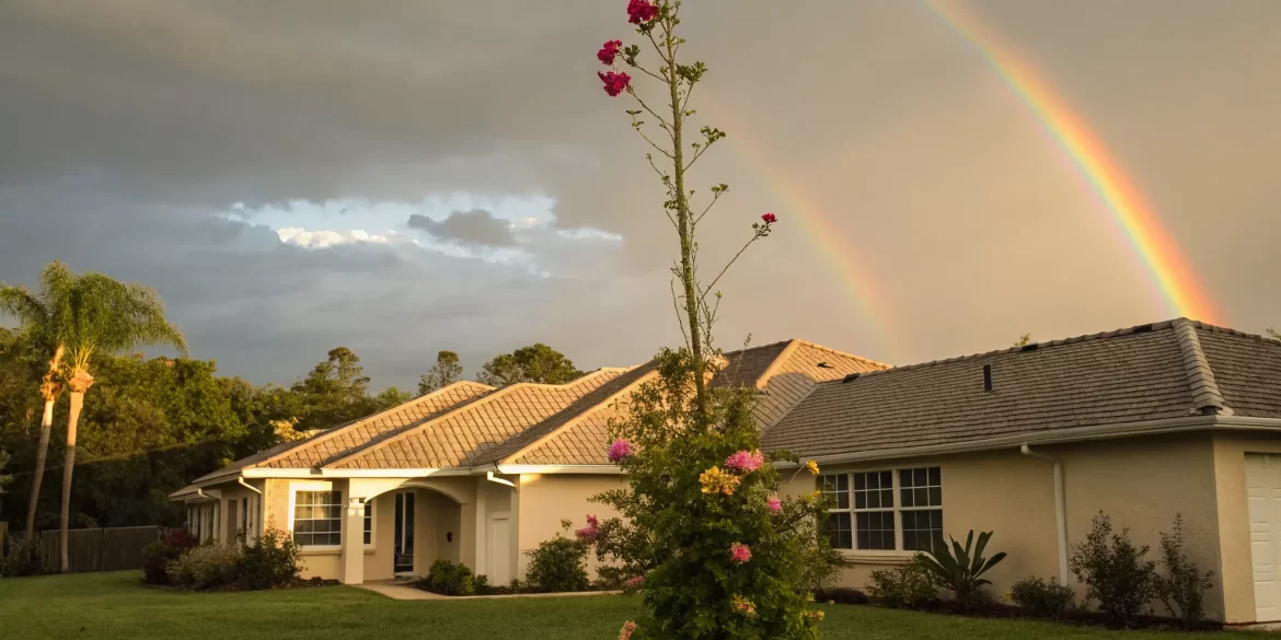 A home under a rainbow after a successful insurance claim appeal.
