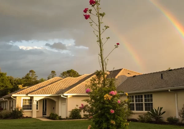 A home under a rainbow after a successful insurance claim appeal.