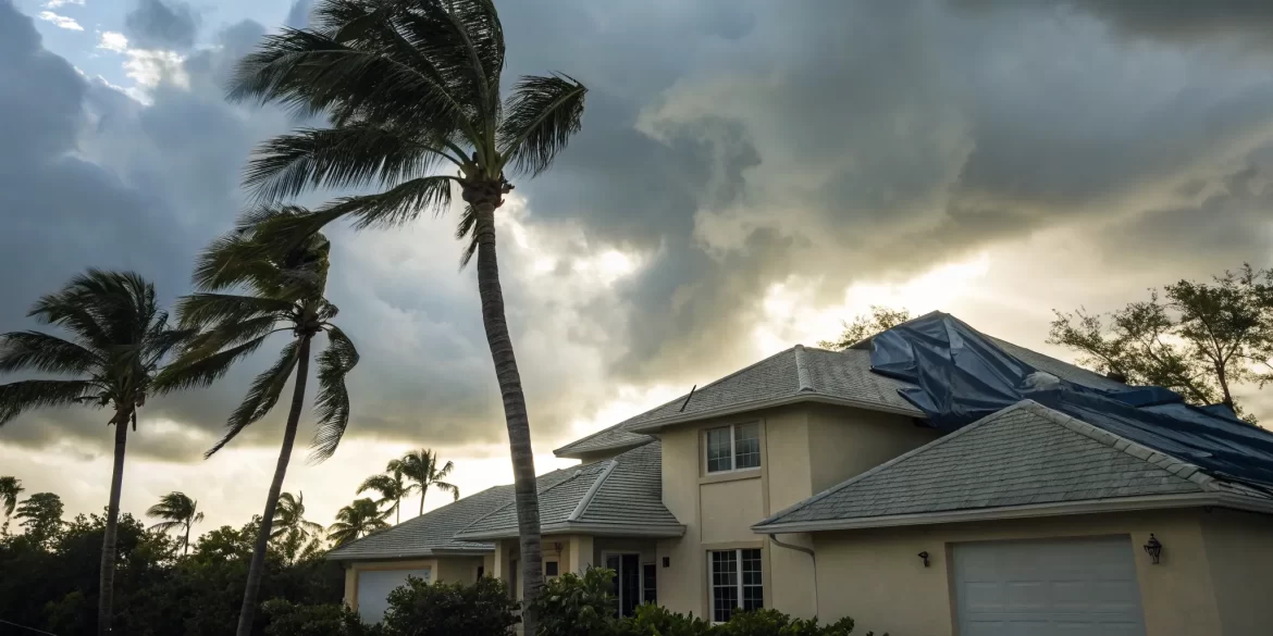 A home's roof covered by a tarp due to severe wind damage before filing an insurance claim.
