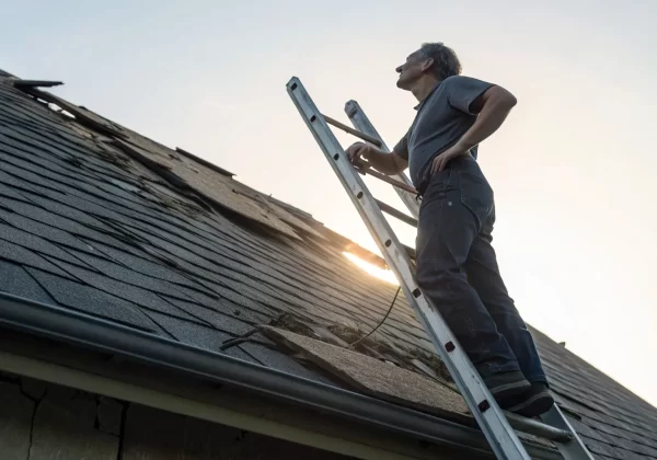 Homeowner inspecting roof damage to overturn a denied roof claim.