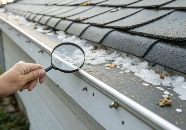 A hand uses a magnifying glass to inspect hail damage on a gutter.