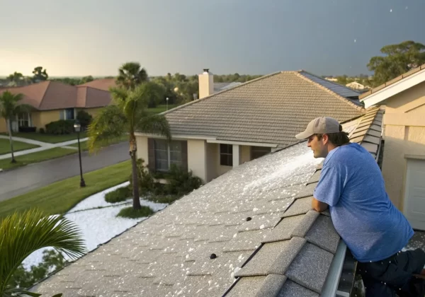 Homeowner inspects a roof damaged by hail, considering the wind and hail deductible for his claim.