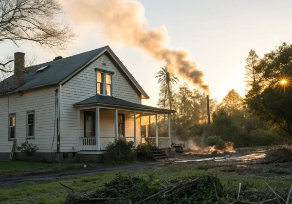A house showing fire and smoke damage, the first step in the insurance claim process.